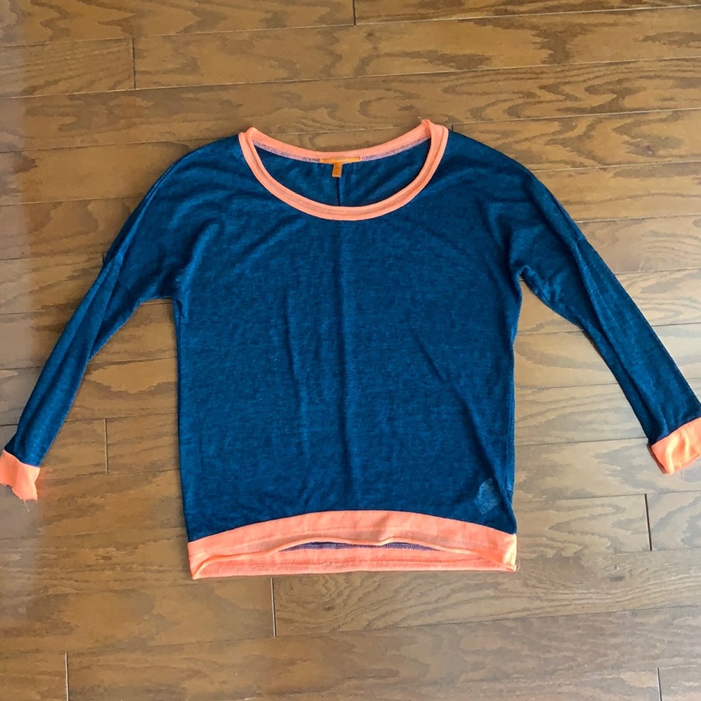 Anama Sheer Mesh Top Blue w/ Orange Trim Size Small